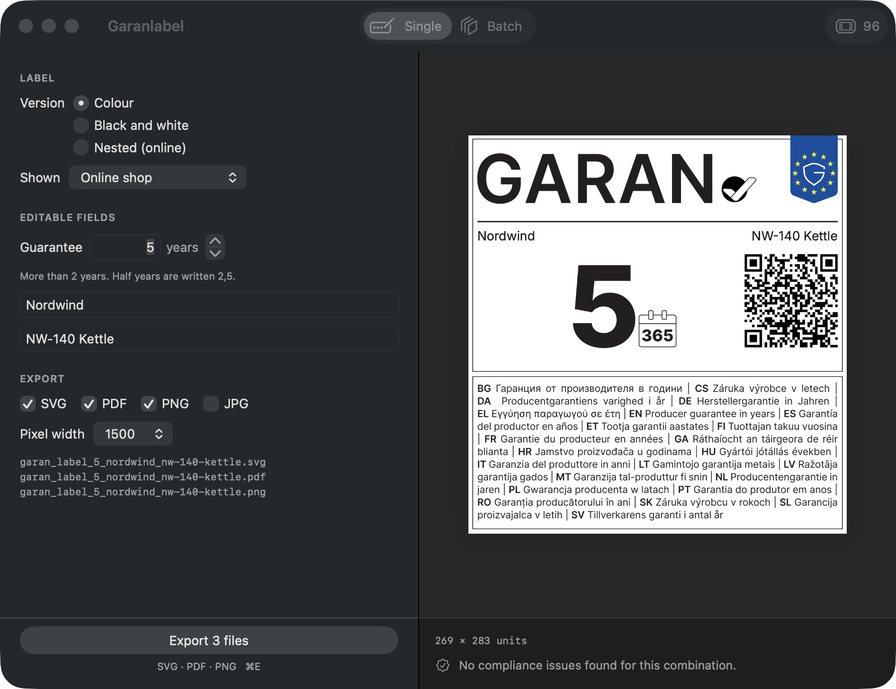 Garanlabel on the Mac: the three editable fields on the left, a preview of the finished label on the right, the export bar below
