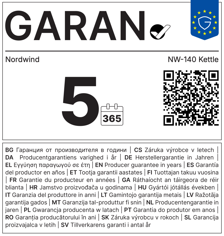 The full GARAN label: title, EU emblem, brand Nordwind, model identifier NW-140 Kettle, the number 5 with the calendar symbol, QR code and the translation band in 24 languages